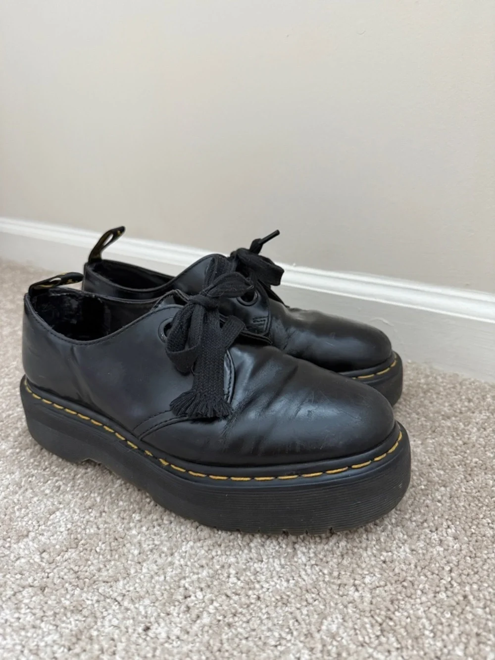 Dr. Doc Martens Holly Leather Lace Up Platform Black Oxfords